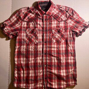 Buffalo David Bitton Men Large Red‎ Plaid Button Down Pocket (K)
